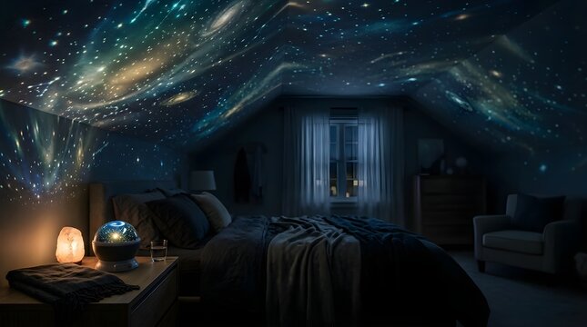 Star projector lamp creating a galaxy nebula effect in a calm bedroom at night