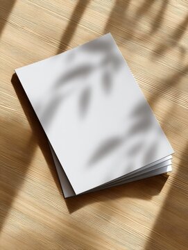 Blank White Brochure or Magazine Mockup with Natural Leaf Shadows and Warm Sunlight on Wooden Surface