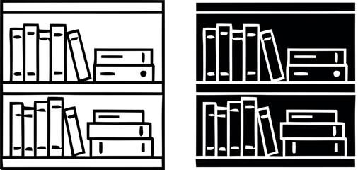 Black and white line art illustration of two filled bookshelves storage concept © Morjina