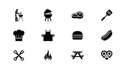 Obraz premium Barbecue grilling set showing chef figures kitchen utensils and various food delicacies.