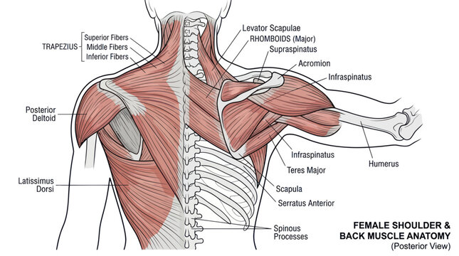Female Shoulder and Back Muscle Anatomy Posterior View Diagram
