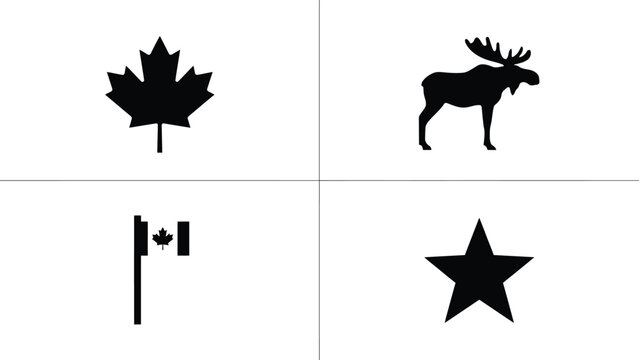 Canadian icon set showcasing maple leaf moose animal flag on pole and a singular star now.