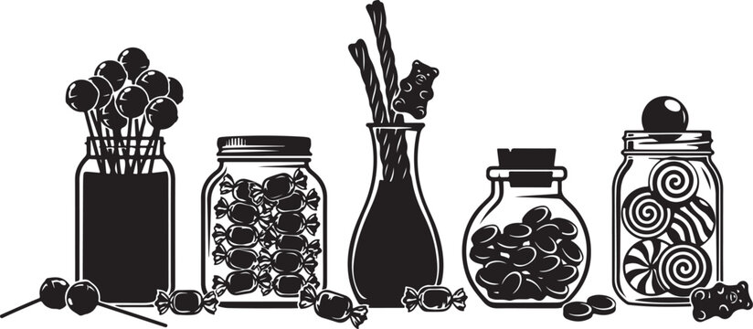 Black and white of jars filled with assorted candies candy