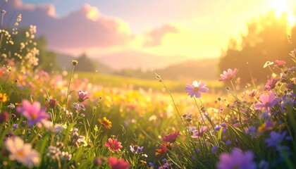 Naklejka premium Vibrant Wildflower Meadow Bathed in Golden Hour Sunlight.