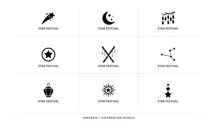 Tanabata celebration bundle with black celestial star festival icons and geometric emblems. © Parthokumar