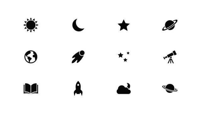 Astronomy and science vector icons featuring telescope rocket ship planets and cosmic stars.