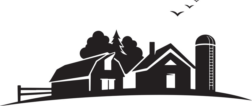 Black silhouette of a farm with house, barn, and silo trees