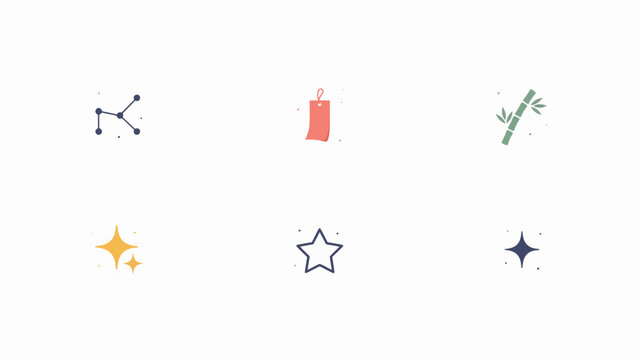 Colorful hand drawn style vector icons featuring constellations stars and bamboo elements.