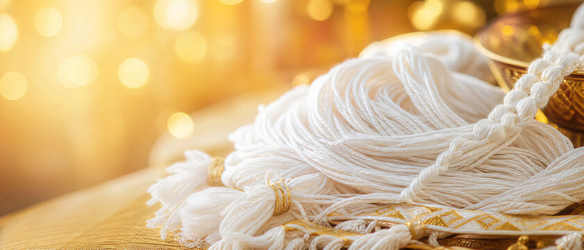 Close-up of traditional white cotton threads for Laos Baci ceremony on golden background