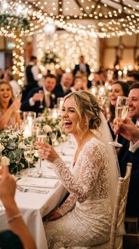 Bride Laughing at Wedding Reception with Champagne Toast