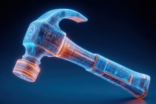 Futuristic Digital Wireframe Blueprint of a Claw Hammer Tool Glowing with Neon Blue and Orange Light