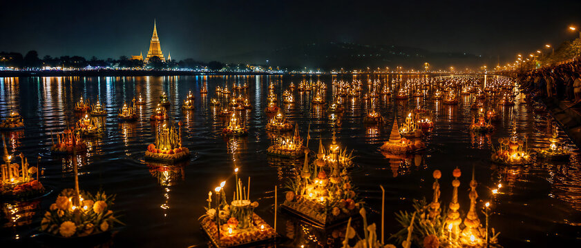 Night view of Lai Heua Fai fire boat festival with floating candles on the Mekong River