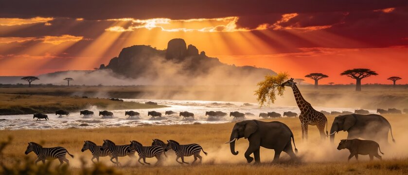 African wildlife at sunset