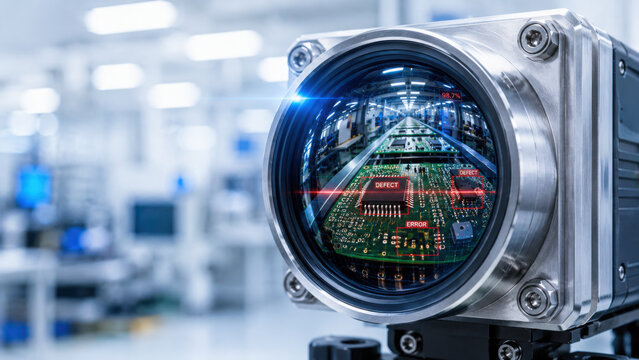 High resolution machine vision camera captures defect detection in manufacturing environment, showcasing advanced technology and precision