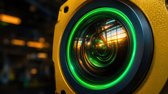 Close up of industrial machine vision camera with green LED light, showcasing intricate lens details and reflections