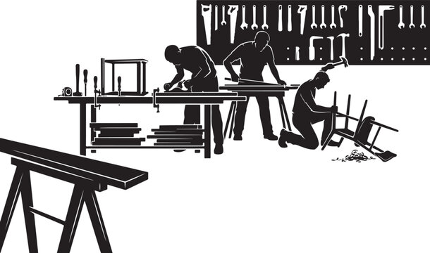 Black silhouette of three workers in a workshop with tools