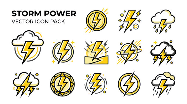 Storm Power Vector Icons: Lightning Bolts, Clouds, Energy Symbols
