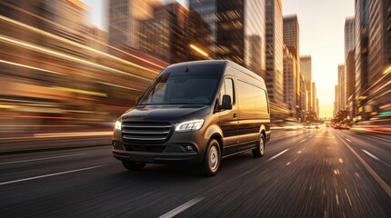 Fototapeta premium Delivery van on the road with motion blur background. Transportation concept. 