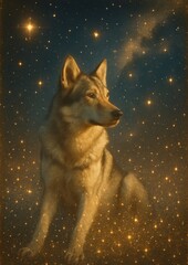 Fototapeta premium Majestic wolf amidst sparkling stars.