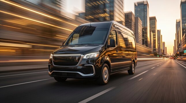 Delivery van on the road with motion blur background. Transportation concept.	