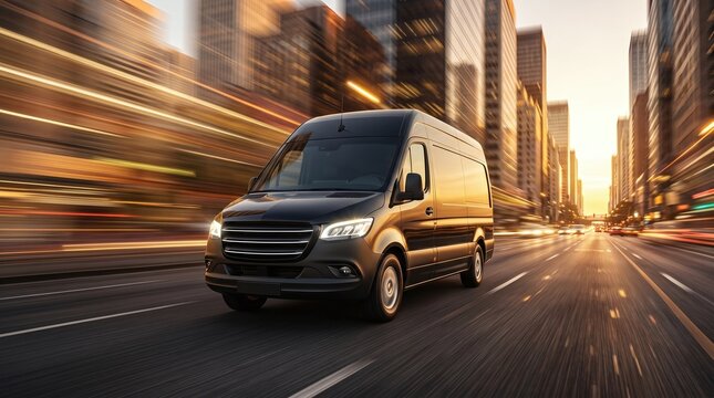 Delivery van on the road with motion blur background. Transportation concept.	