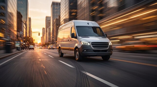 Delivery van on the road with motion blur background. Transportation concept.	