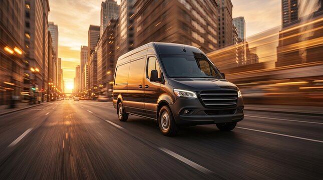 Delivery van on the road with motion blur background. Transportation concept.	