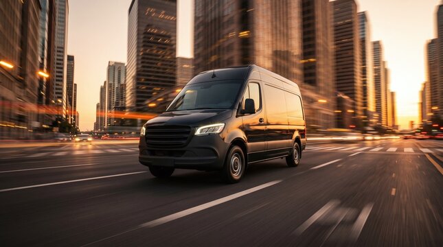 Delivery van on the road with motion blur background. Transportation concept.	