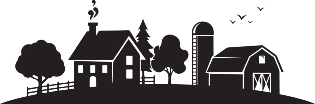 Farm scene silhouette, house, barn, silo, trees, and fence