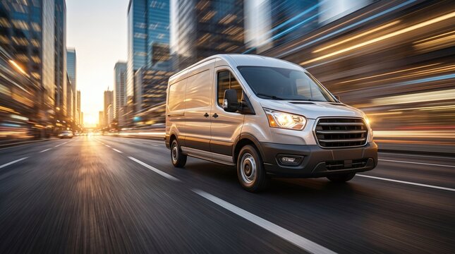 Delivery van on the road with motion blur background. Transportation concept.	