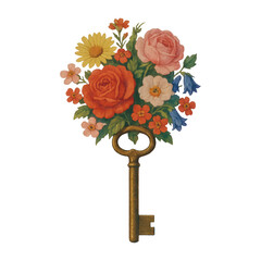 Obraz premium PNG Vintage floral key illustration