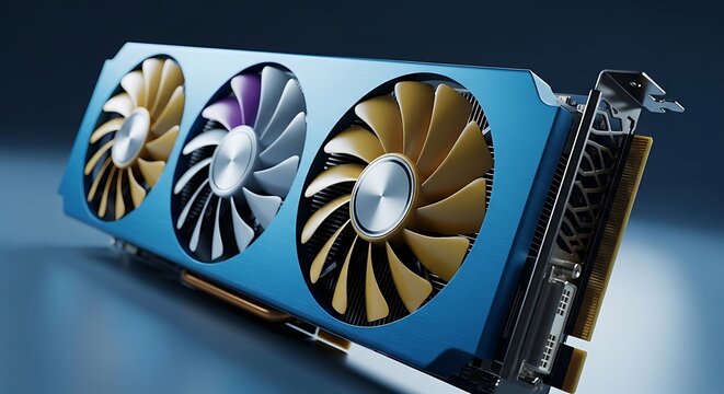 High-performance graphics card with triple cooling fans, powerful GPU hardware for gaming and rendering, professional blue and gold computer component