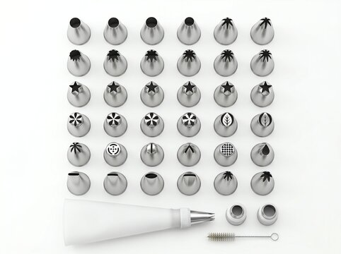 piping tips set with pastry bag on white background minimal kitchen style