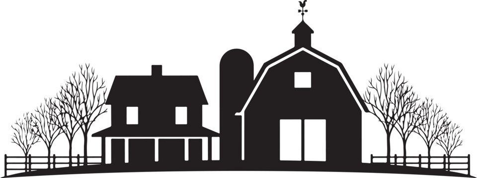 silhouette Farmhouse, barn, and silo silhouette with trees and fence
