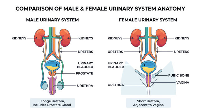 Comparison of Male and Female Urinary System Anatomy with Labels