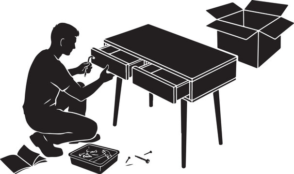 silhouette Man assembling furniture, with toolbox and open box