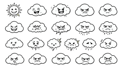 Obraz premium Cloud character expressions showing weather moods in a hand drawn doodle set isolated on a white background for creative projects.