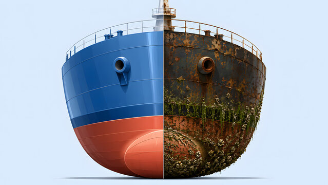 Split comparison of a clean ship hull and a corroded biofouled hull, a clear concept for vessel maintenance, restoration, and antifouling treatment