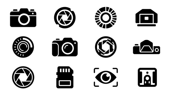 Set of black photography and camera equipment icons.