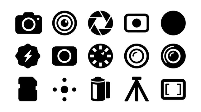 Set of black photography and camera equipment icons.