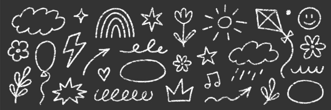 Line icon element kid set. Hand drawn line icon pencil scribble flower chalk crayon sketch texture. Cute kid children rainbow cloud sun smile kindergarten on chalkboard. Vector illustration