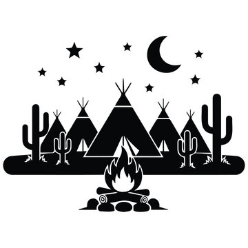 Vector silhouette illustration of desert camp scene with teepees at night.