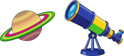 Astronomy and Space Exploration Vector Set Featuring a Colorful Ringed Planet Saturn and a Modern Blue Telescope on a Tripod Stand © MdMohsin