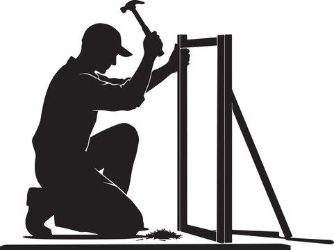 Silhouette of a man kneeling, hammering a nail into a worker