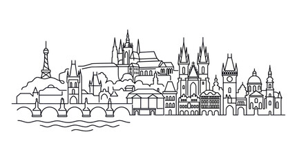 Fototapeta premium Prague Skyline Black and White Line Art Cityscape