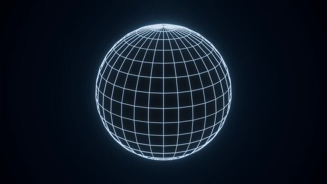 Blue wireframe globe rotating on dark background seamless loop 4K technology network background
