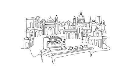 Obraz premium Espresso Machine & Coffee Cups on Table with Italian Cityscape Line Drawing