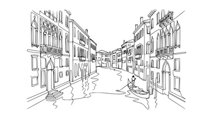 Venice Canal Sketch: Gondola and Historic Buildings Outline Drawing © Fafa