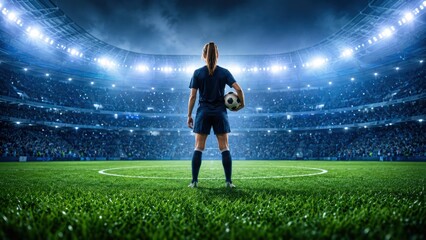 Naklejka premium Back View Football Player Holding Ball On Stadium Field Under Bright Arena Lights For Sports Poster Design