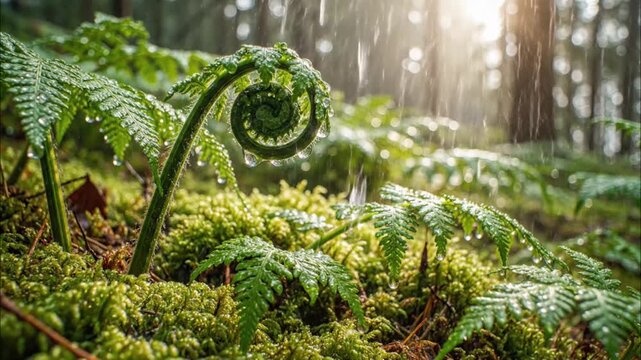 Close up of vibrant green fern leaf with fresh morning rain water droplets
